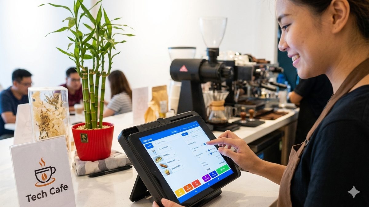 A cashier using Tech Cafe POS on a tablet at the counter of a Malaysian cafe.